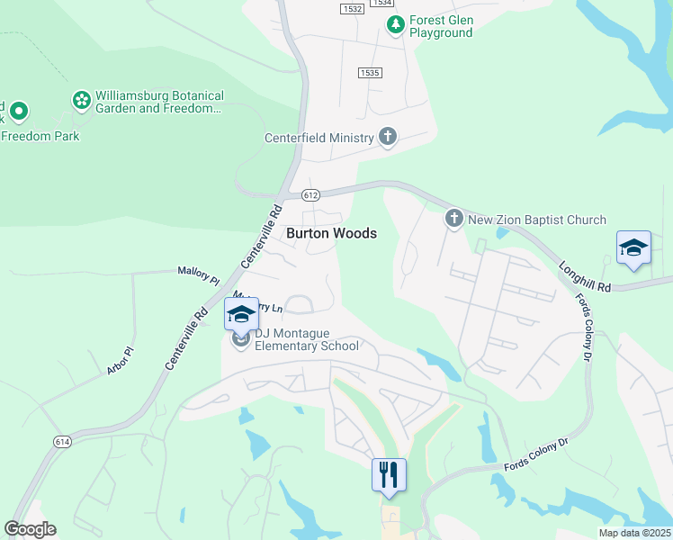 map of restaurants, bars, coffee shops, grocery stores, and more near 3792 Mulberry Lane in Williamsburg