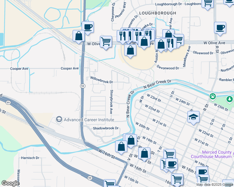 map of restaurants, bars, coffee shops, grocery stores, and more near 1875 Dry Creek Court in Merced