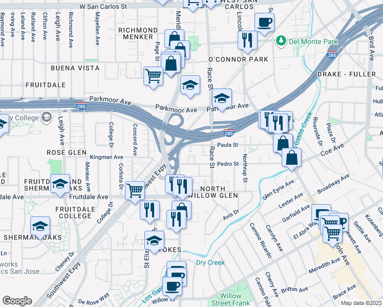 map of restaurants, bars, coffee shops, grocery stores, and more near 730 Paula Court in San Jose