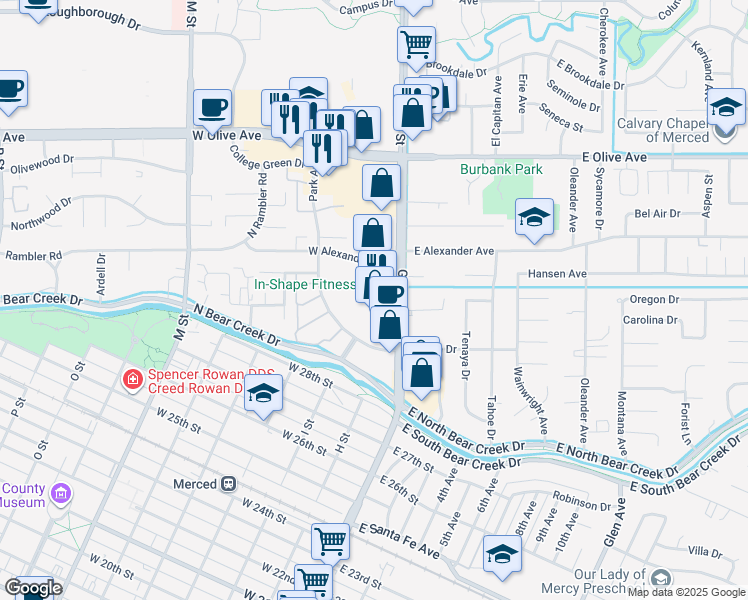 map of restaurants, bars, coffee shops, grocery stores, and more near 2951 G Street in Merced