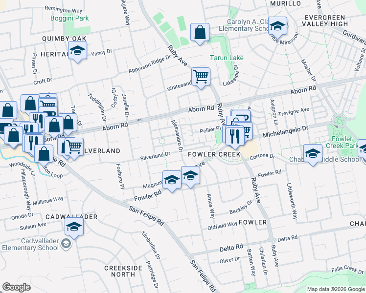 map of restaurants, bars, coffee shops, grocery stores, and more near 3111 Mattique Drive in San Jose