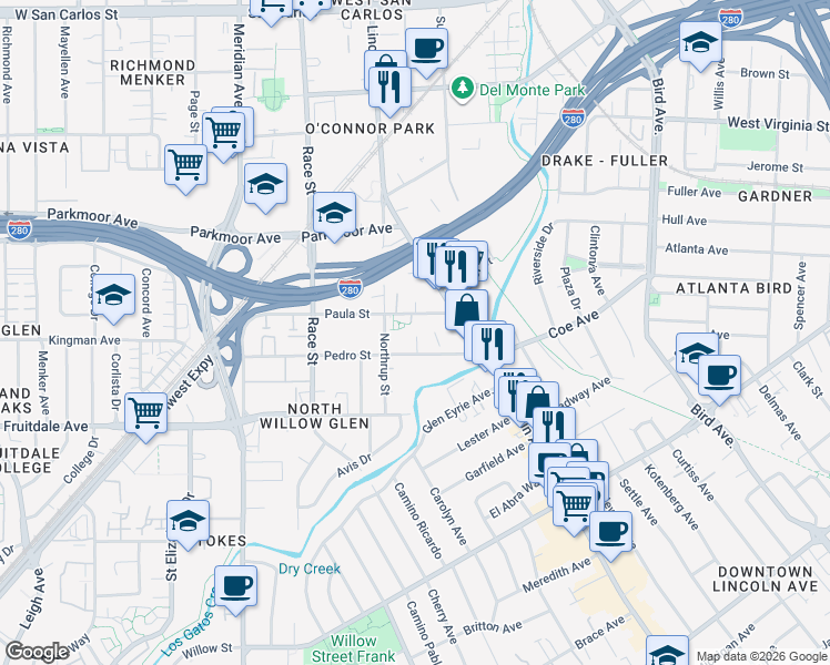 map of restaurants, bars, coffee shops, grocery stores, and more near 858 Paula Street in San Jose