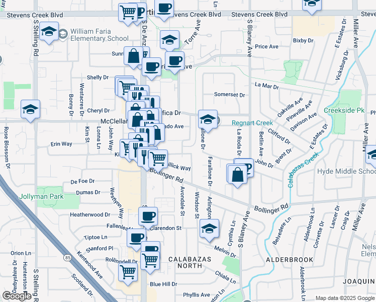 map of restaurants, bars, coffee shops, grocery stores, and more near 20278 Clay Street in Cupertino