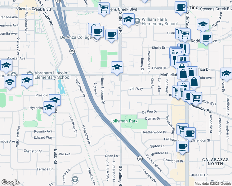 map of restaurants, bars, coffee shops, grocery stores, and more near 10574 White Fir Court in Cupertino