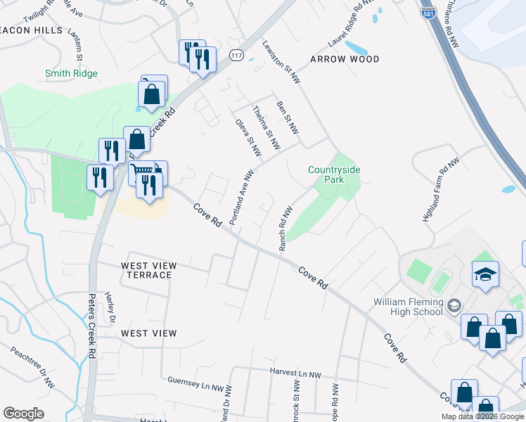 map of restaurants, bars, coffee shops, grocery stores, and more near 4310 Siden Circle Northwest in Roanoke