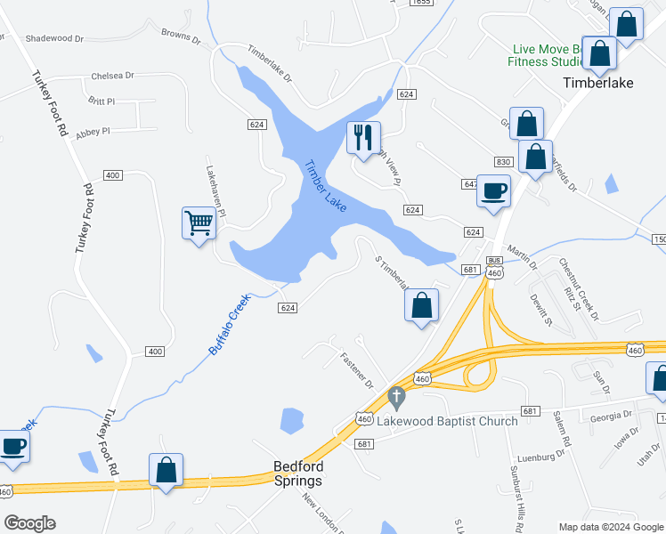map of restaurants, bars, coffee shops, grocery stores, and more near 481 South Timberlake Drive in Lynchburg