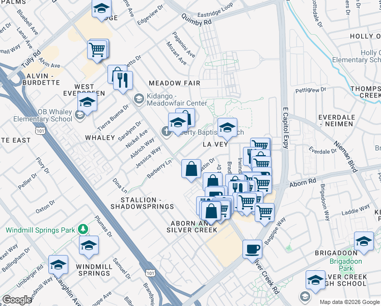 map of restaurants, bars, coffee shops, grocery stores, and more near Kyra Circle in San Jose