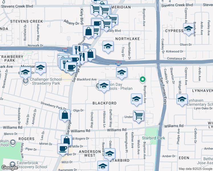map of restaurants, bars, coffee shops, grocery stores, and more near 4165 Blackford Circle in San Jose