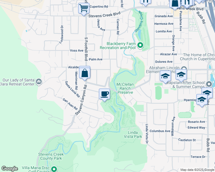 map of restaurants, bars, coffee shops, grocery stores, and more near 22346 McClellan Road in Cupertino
