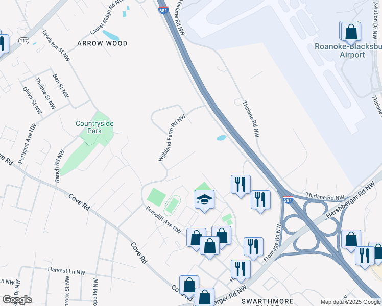 map of restaurants, bars, coffee shops, grocery stores, and more near 2215 Montauk Road Northwest in Roanoke