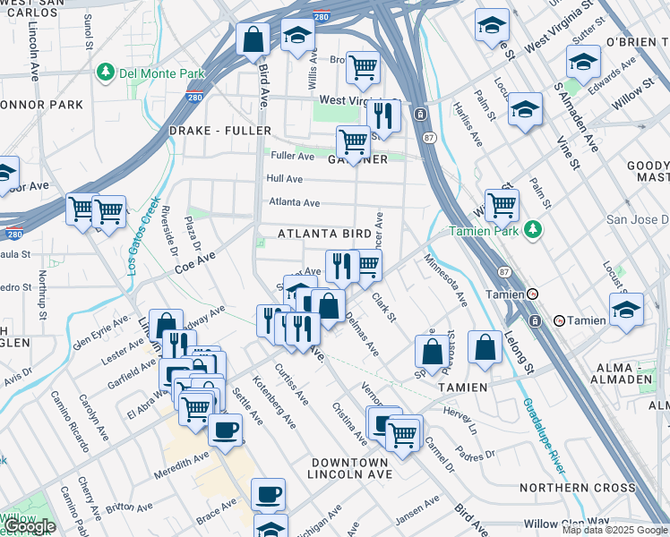 map of restaurants, bars, coffee shops, grocery stores, and more near 439 Snyder Avenue in San Jose