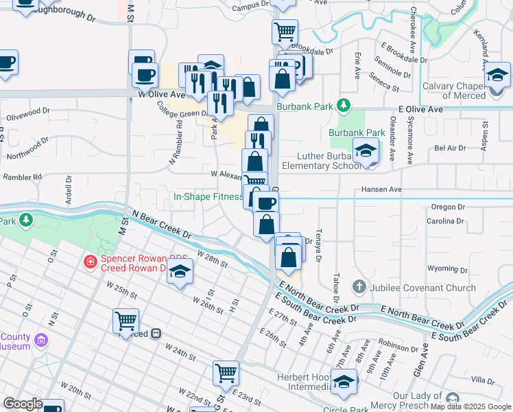 map of restaurants, bars, coffee shops, grocery stores, and more near 2951 G Street in Merced