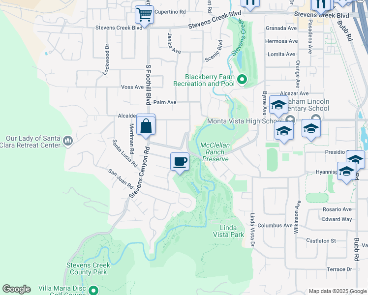 map of restaurants, bars, coffee shops, grocery stores, and more near 22346 McClellan Road in Cupertino