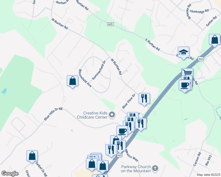 map of restaurants, bars, coffee shops, grocery stores, and more near 2411 Bloomfield Avenue in Roanoke