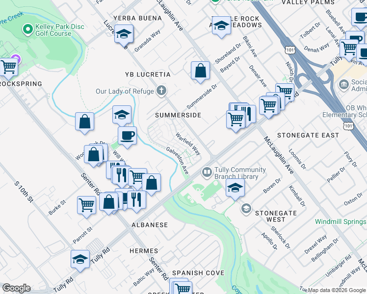 map of restaurants, bars, coffee shops, grocery stores, and more near 2269 Warfield Way in San Jose