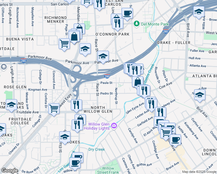 map of restaurants, bars, coffee shops, grocery stores, and more near 956 Paula Street in San Jose