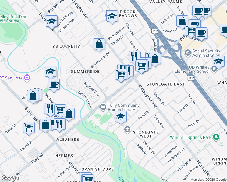 map of restaurants, bars, coffee shops, grocery stores, and more near 995 Tully Road in San Jose