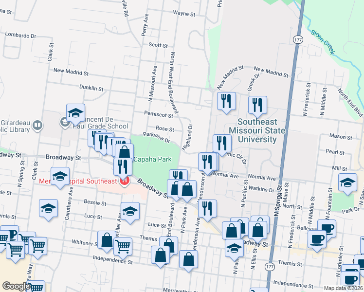 map of restaurants, bars, coffee shops, grocery stores, and more near 609 Highland Drive in Cape Girardeau
