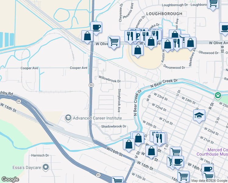 map of restaurants, bars, coffee shops, grocery stores, and more near 1754 Willowbrook Drive in Merced