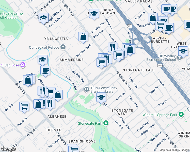 map of restaurants, bars, coffee shops, grocery stores, and more near 995 Tully Road in San Jose