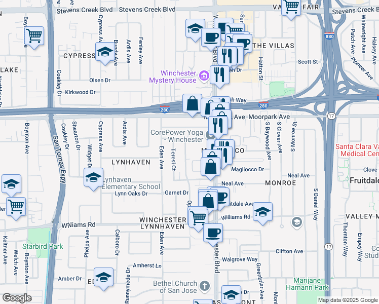 map of restaurants, bars, coffee shops, grocery stores, and more near 737 Opal Drive in San Jose