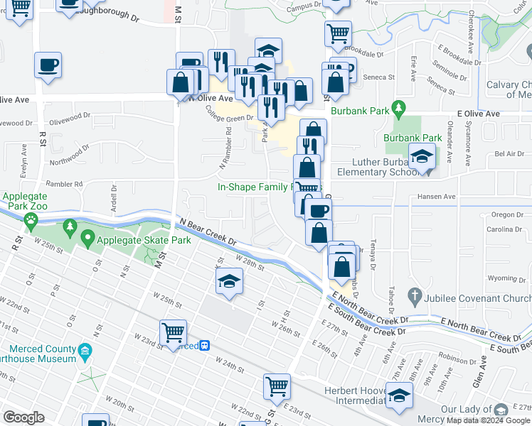 map of restaurants, bars, coffee shops, grocery stores, and more near 2837 Park Avenue in Merced