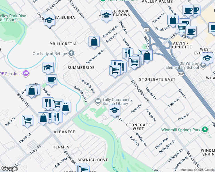 map of restaurants, bars, coffee shops, grocery stores, and more near 995 Tully Road in San Jose