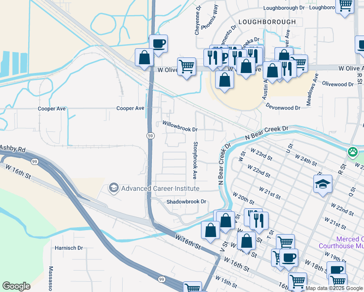 map of restaurants, bars, coffee shops, grocery stores, and more near 1754 Willowbrook Drive in Merced
