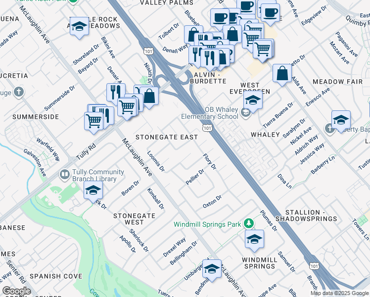 map of restaurants, bars, coffee shops, grocery stores, and more near 1326 Sippola Way in San Jose