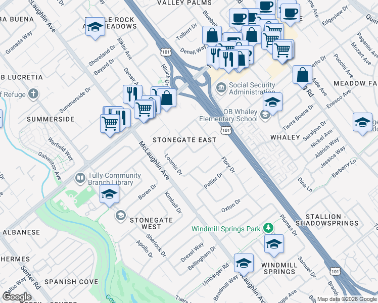 map of restaurants, bars, coffee shops, grocery stores, and more near 2512 Zachary Way in San Jose