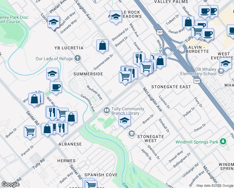 map of restaurants, bars, coffee shops, grocery stores, and more near 995 Tully Road in San Jose