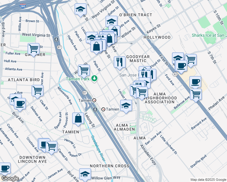 map of restaurants, bars, coffee shops, grocery stores, and more near 1222 Palm Street in San Jose