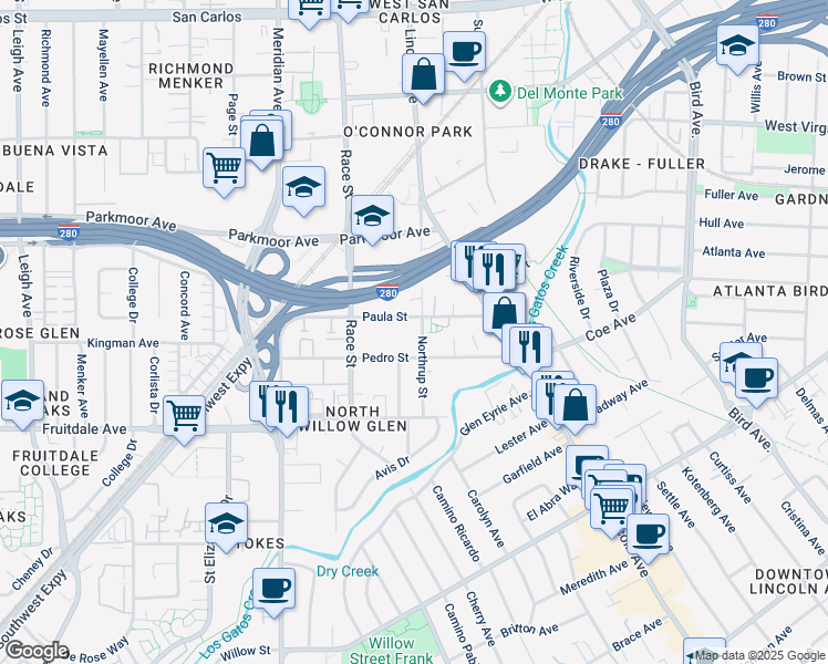 map of restaurants, bars, coffee shops, grocery stores, and more near 803 Northrup Street in San Jose