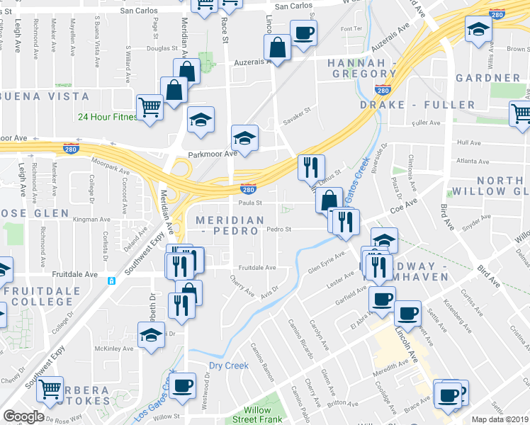 map of restaurants, bars, coffee shops, grocery stores, and more near 956 Paula Street in San Jose