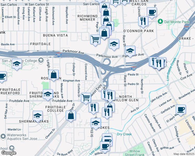 map of restaurants, bars, coffee shops, grocery stores, and more near 1411 Kingman Avenue in San Jose