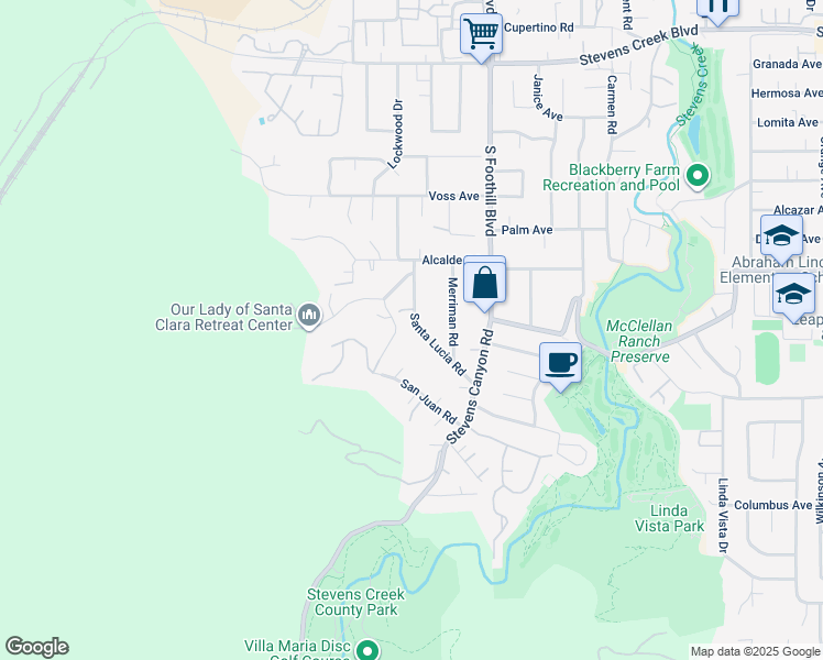 map of restaurants, bars, coffee shops, grocery stores, and more near 10631 Santa Lucia Road in Cupertino