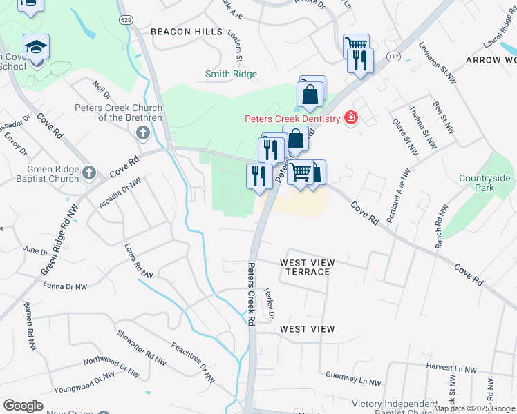 map of restaurants, bars, coffee shops, grocery stores, and more near 2350 Peters Creek Road Northwest in Roanoke