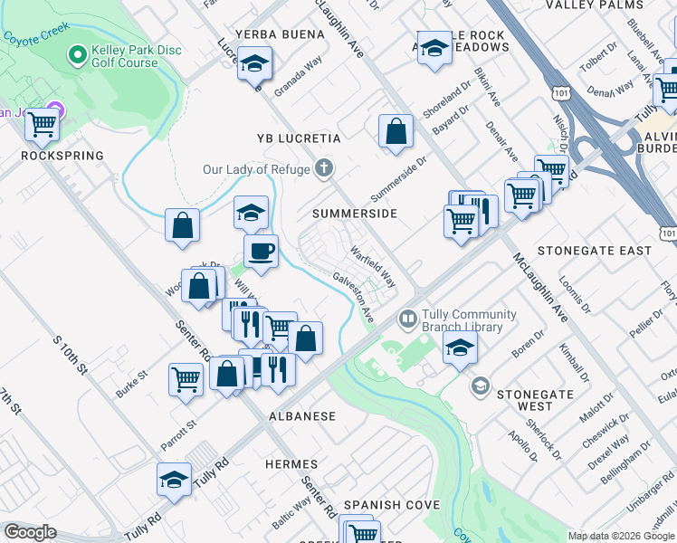 map of restaurants, bars, coffee shops, grocery stores, and more near 2182 Galveston Avenue in San Jose
