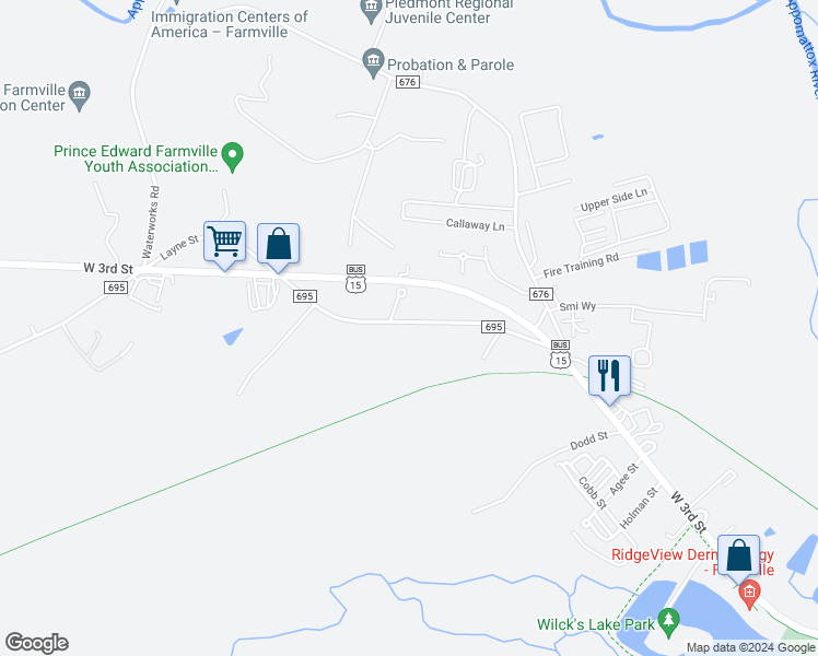 map of restaurants, bars, coffee shops, grocery stores, and more near 2503 Layne Street in Farmville