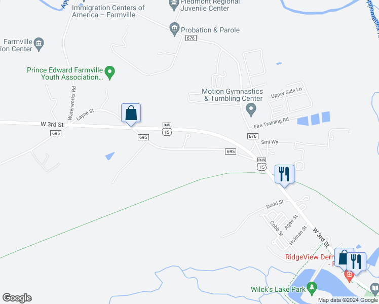 map of restaurants, bars, coffee shops, grocery stores, and more near 2505 Layne Street in Farmville