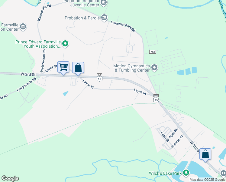 map of restaurants, bars, coffee shops, grocery stores, and more near 2505 Layne Street in Farmville