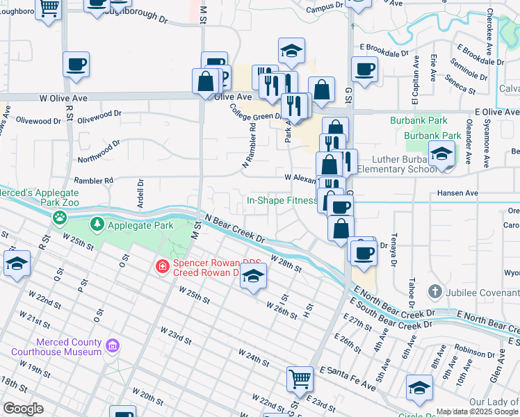 map of restaurants, bars, coffee shops, grocery stores, and more near 2862 Saint Thomas Court in Merced