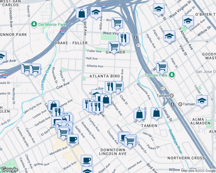 map of restaurants, bars, coffee shops, grocery stores, and more near 439 Snyder Avenue in San Jose