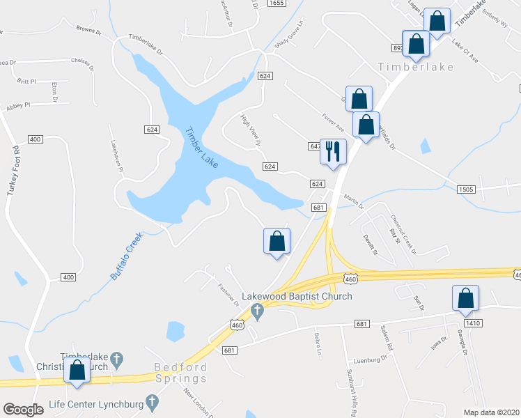 map of restaurants, bars, coffee shops, grocery stores, and more near 197 South Timberlake Drive in Lynchburg