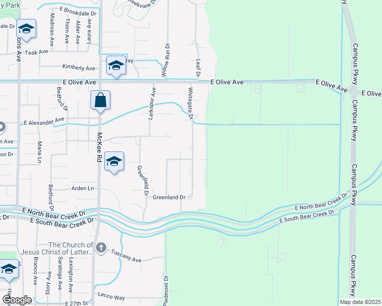 map of restaurants, bars, coffee shops, grocery stores, and more near 2960 Whitegate Drive in Merced