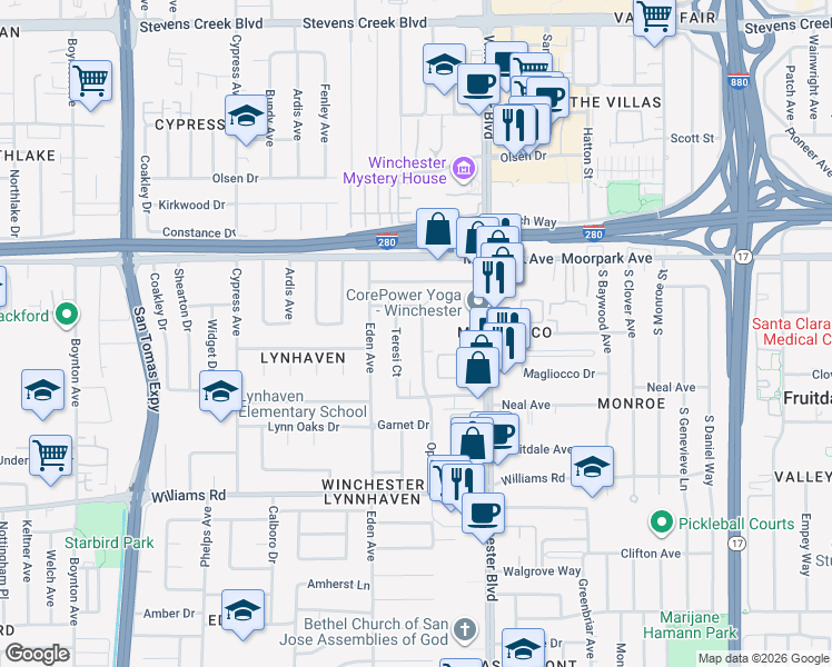 map of restaurants, bars, coffee shops, grocery stores, and more near 759 Opal Drive in San Jose