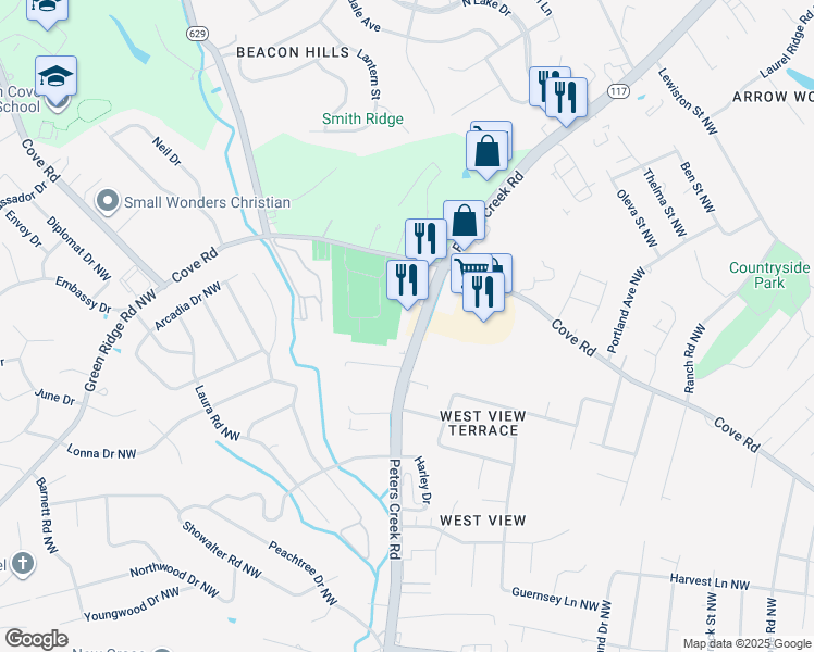 map of restaurants, bars, coffee shops, grocery stores, and more near 2350 Peters Creek Road in Roanoke