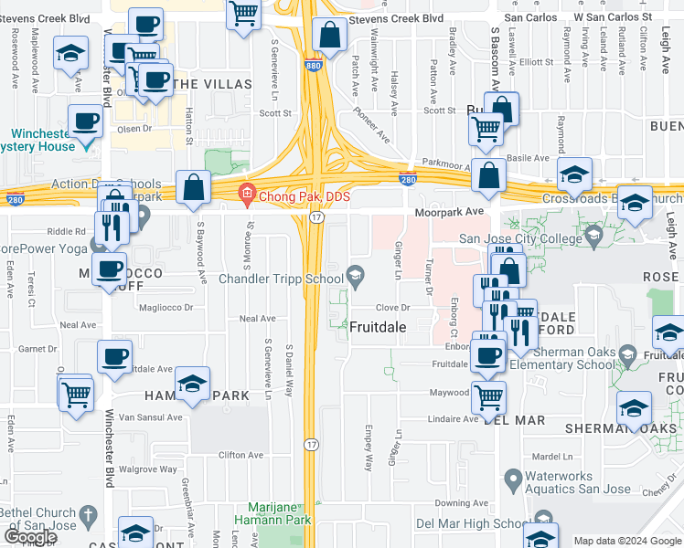 map of restaurants, bars, coffee shops, grocery stores, and more near 850 Catkin Court in San Jose