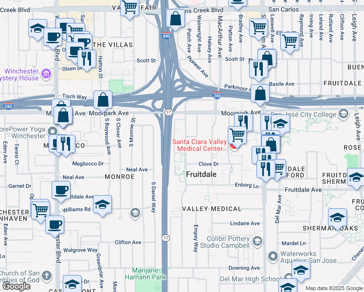 map of restaurants, bars, coffee shops, grocery stores, and more near 850 Catkin Court in San Jose