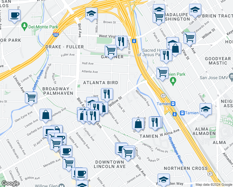 map of restaurants, bars, coffee shops, grocery stores, and more near 1039 Spencer Avenue in San Jose